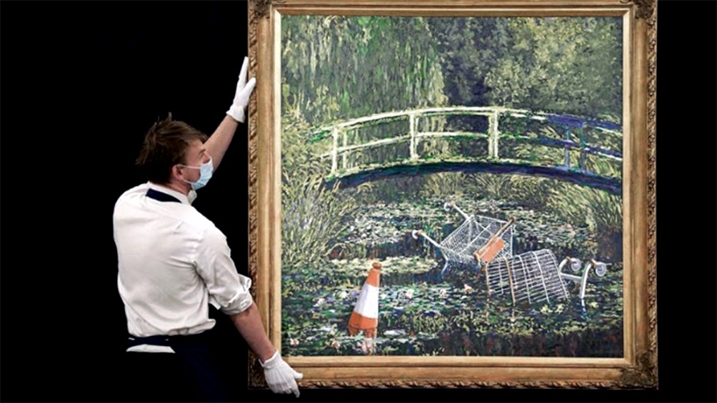 Banksy envió a subasta su versión de una de las obras maestras del impresionistas Claude Monet: "Show me the Monet" ("Muéstrame el Monet").